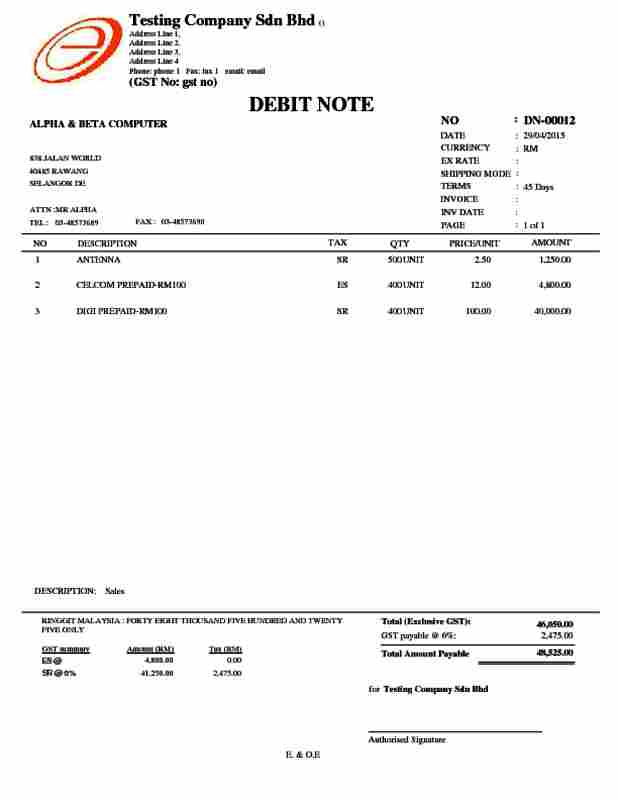 02 Sales Debit Note (With GST Summary)